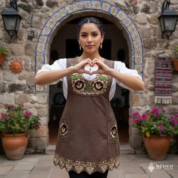 Brown Mexican Embroidered Cotton Apron –Floral Design For Women